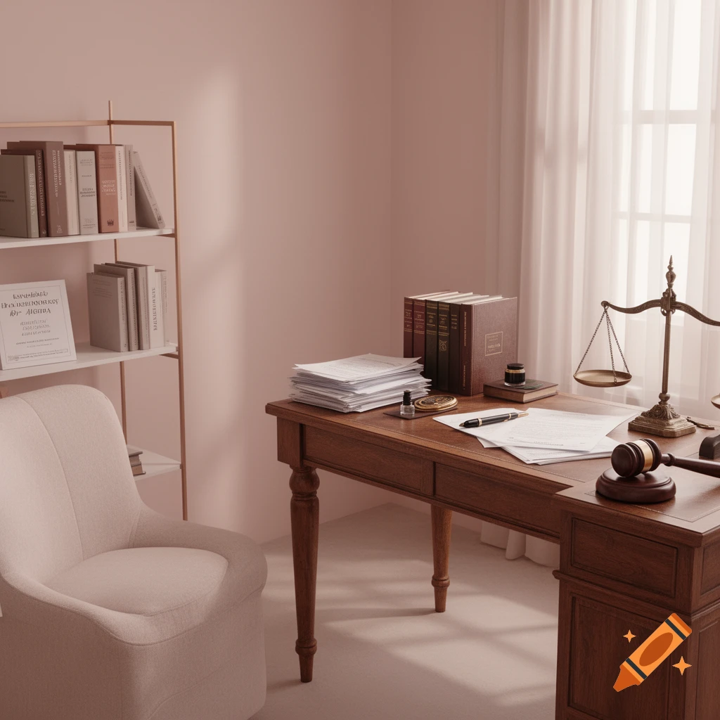 A pastel-toned, realistic image of a professional office or study with a wooden desk, legal scales, gavel, and books on shelves.