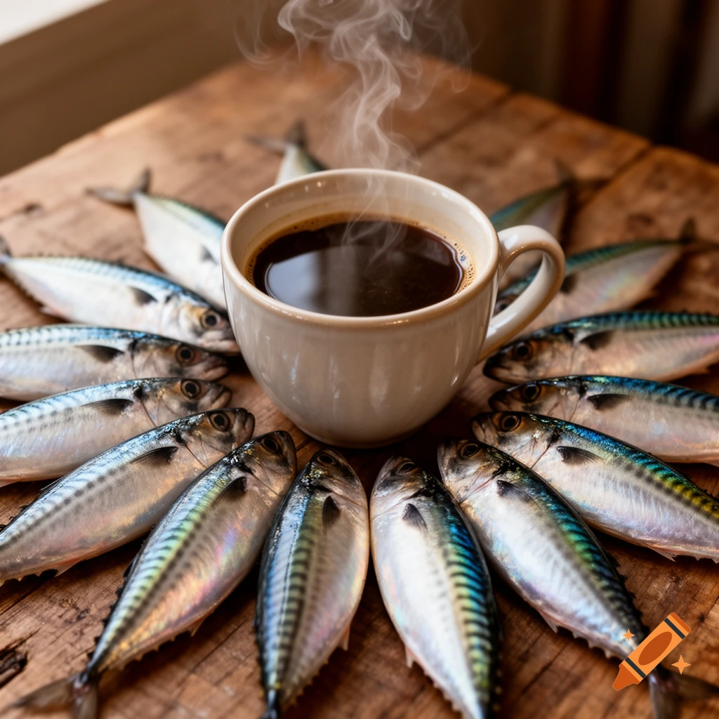 A cup of steaming black coffee surrounded by fresh mackerel fish arranged in a circle on a rustic wooden table.