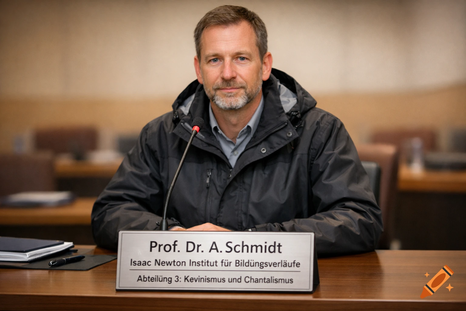 A photorealistic portrait of a bearded man in a dark jacket at a table with a microphone and a nameplate.