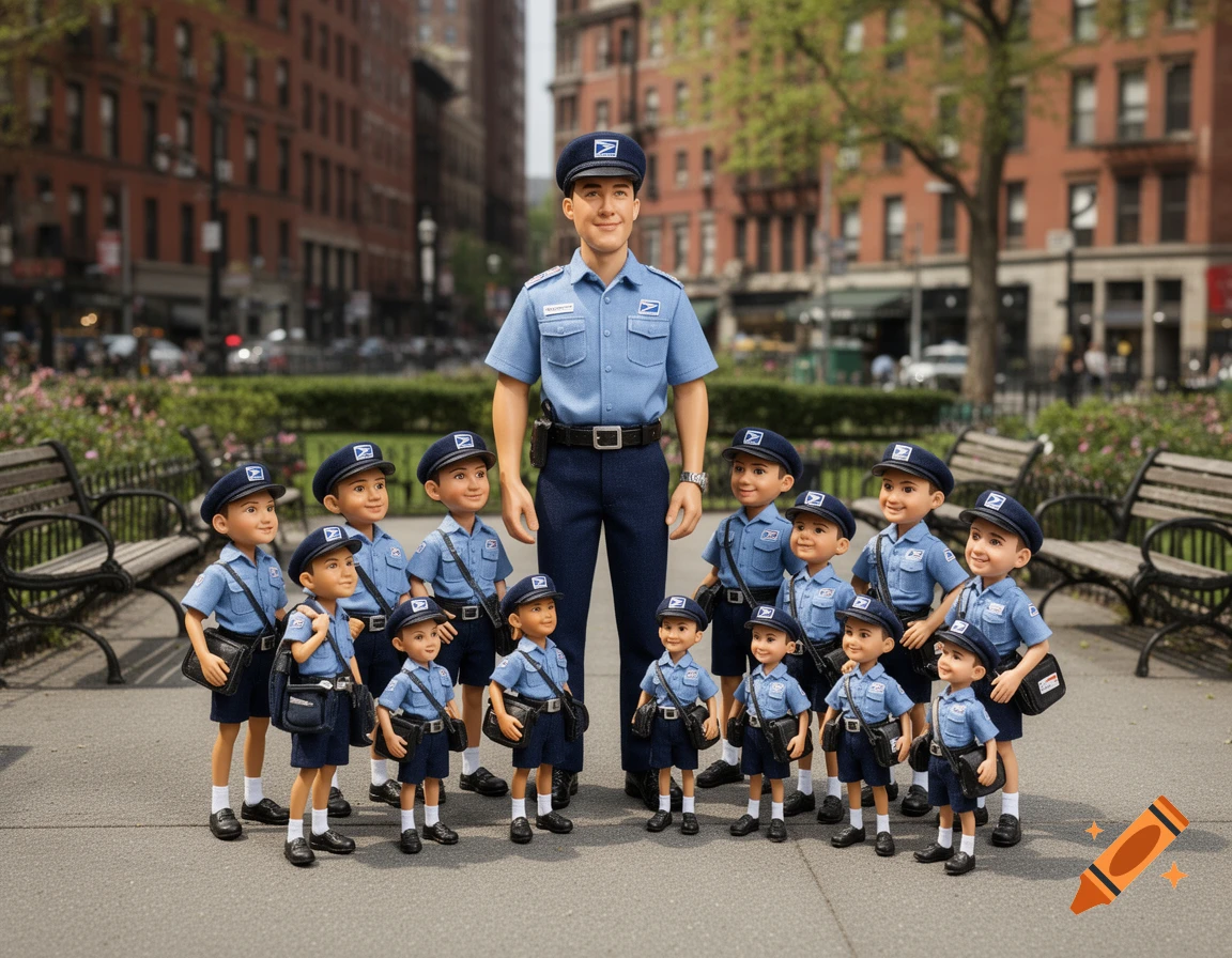 Photorealistic image of a mail carrier doll standing among many smaller miniature mailmen dolls in a city park.