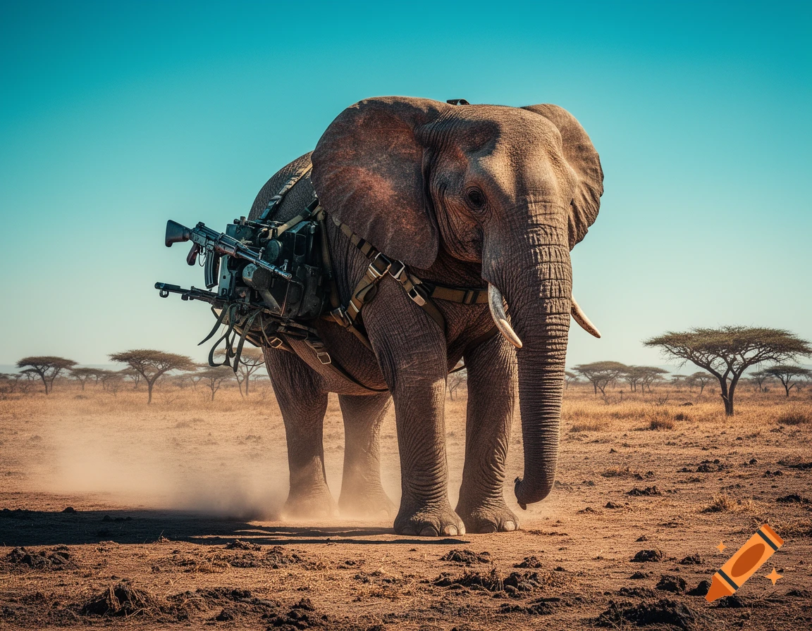 A large African elephant wearing a harness with a machine gun mounted on its back walks through a dusty savanna under a clear blue sky.