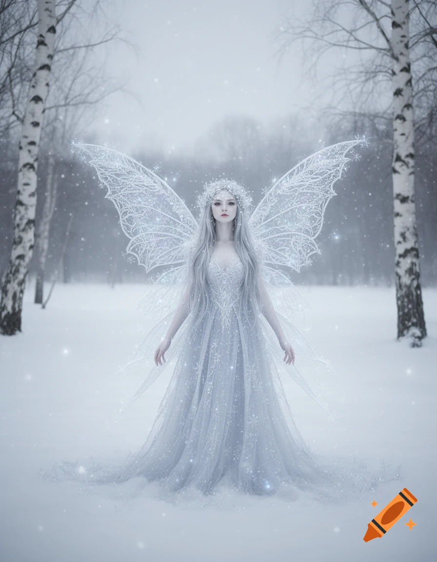 A majestic snow fairy with long silver hair and intricate sparkling white wings stands in a snowy forest during a gentle snowfall.