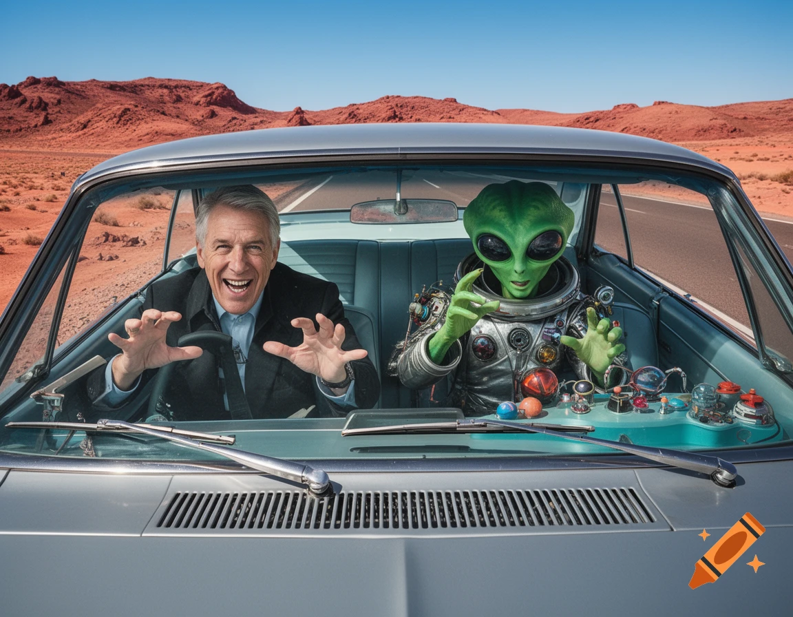 A laughing man and a green alien in a spacesuit drive a vintage car through a desert landscape on a sunny day.