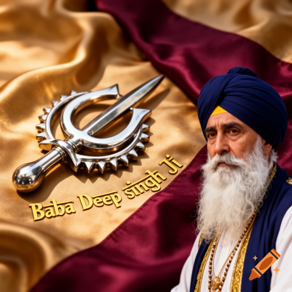 A close-up shot of a Sikh man wearing a blue turban and white beard, next to a silver Khanda symbol on a golden and maroon fabric, with "Baba Deep singh Ji" written in gold.