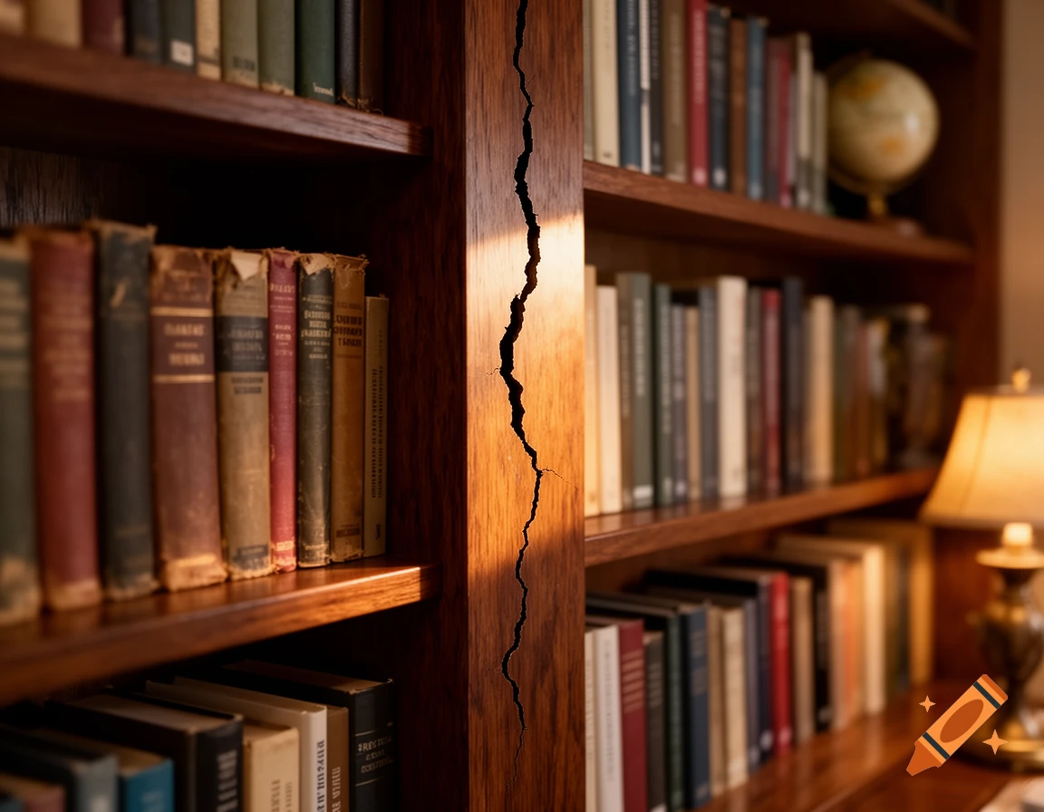 Photorealistic wooden bookshelf filled with old books, featuring a large vertical crack in its central support. Globe and lamp visible.