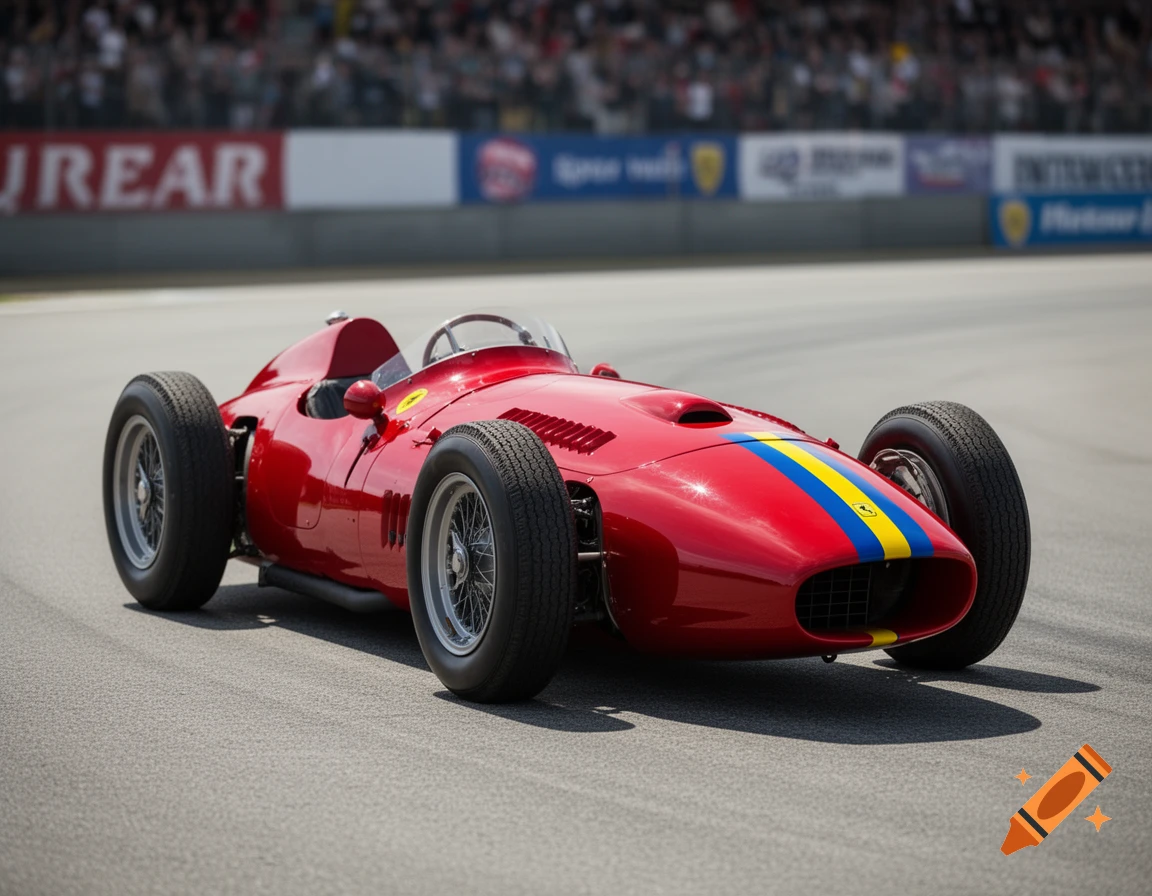 A vintage red Ferrari D50 F1 race car with blue and yellow stripes on its nose sits on a racetrack.