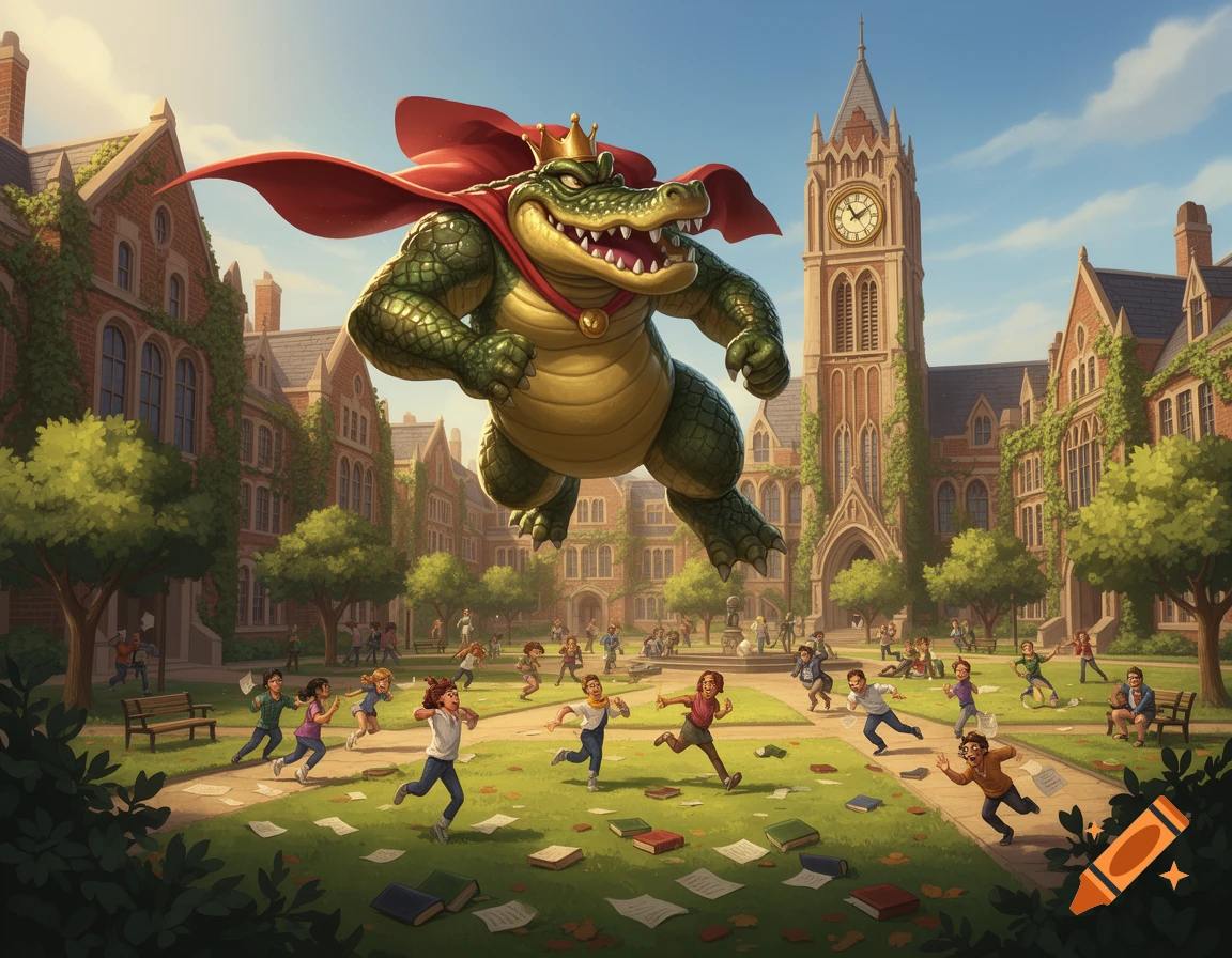 Cartoon King K. Rool, a large alligator king in a crown and cape, floats above a sunny college campus as students run.