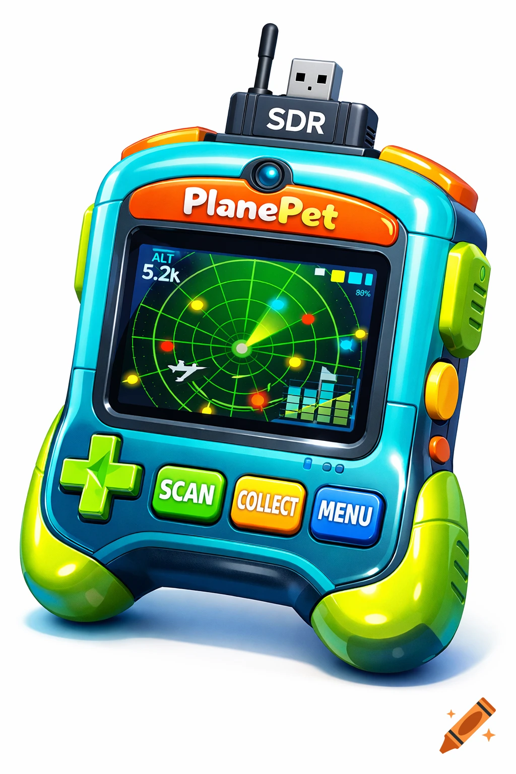 A colorful GameBoy-style handheld STEM toy called PlanePet, showing a radar map, with SCAN, COLLECT, MENU buttons, and an SDR dongle.
