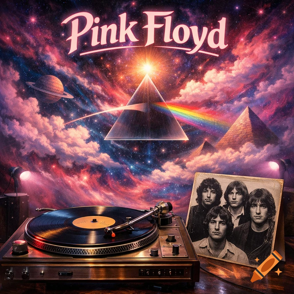 A Pink Floyd album cover with a prism, rainbow, record player, band photo, and cosmic background with the band's name.
