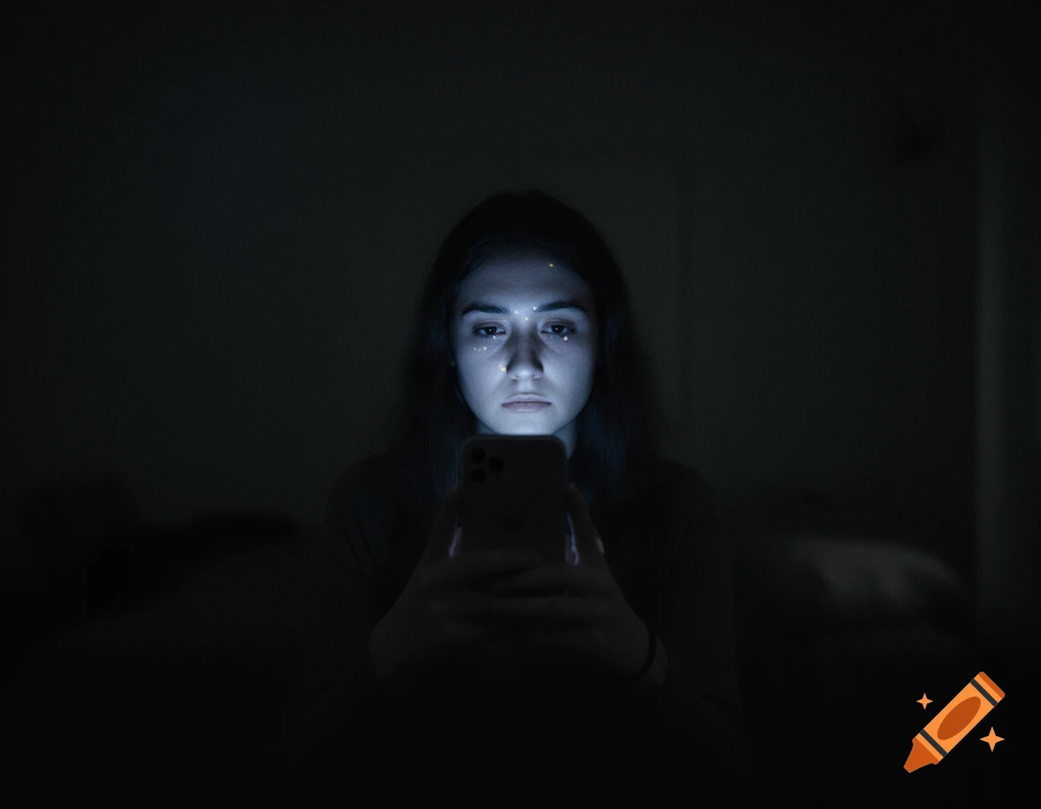 A melancholic person's face is lit by the glow of a smartphone in a dark room, emphasizing isolation.