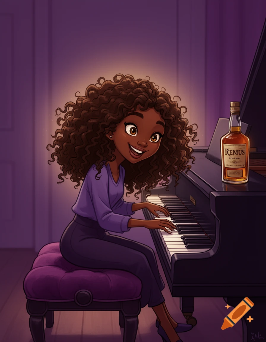 A cartoon woman with dark curly hair plays a piano while a bottle of Remus Bourbon sits on top, in an illustrated style.