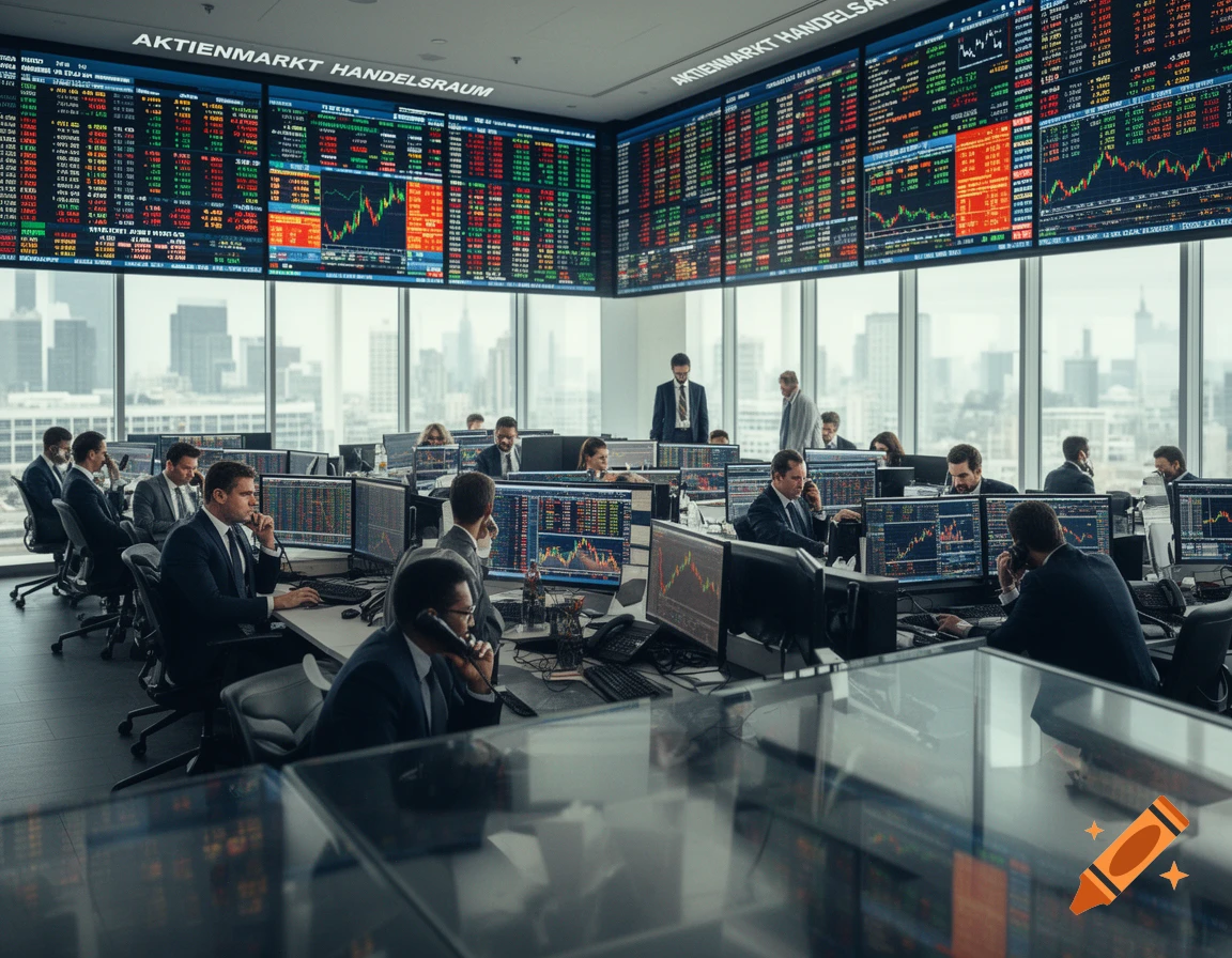 A bustling stock trading room with several traders at computer desks, surrounded by large screens displaying financial data and charts, with a city skyline in the background.