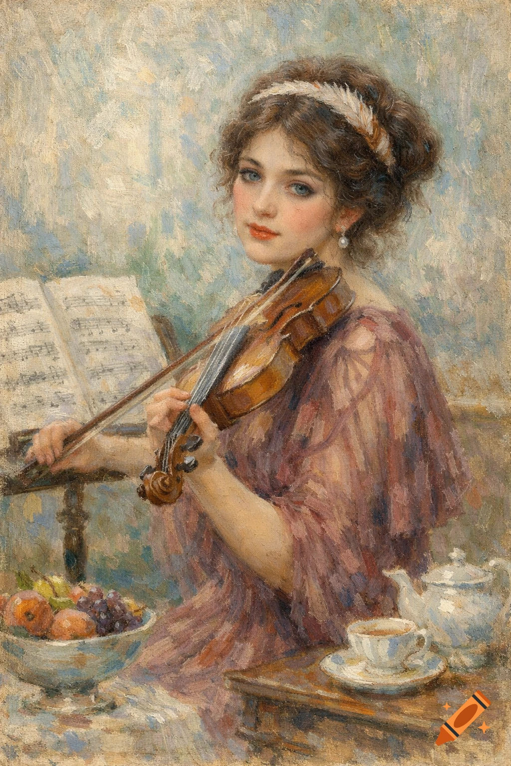 An impressionist painting of a young woman with dark hair and a feather band playing a violin, looking towards the viewer. Sheet music, a bowl of fruit, and a tea set are on tables beside her.
