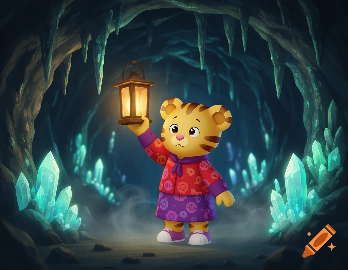 A cartoon tiger character, resembling Daniel Tiger, holds a glowing lantern while exploring a dark cave filled with shimmering blue crystals.