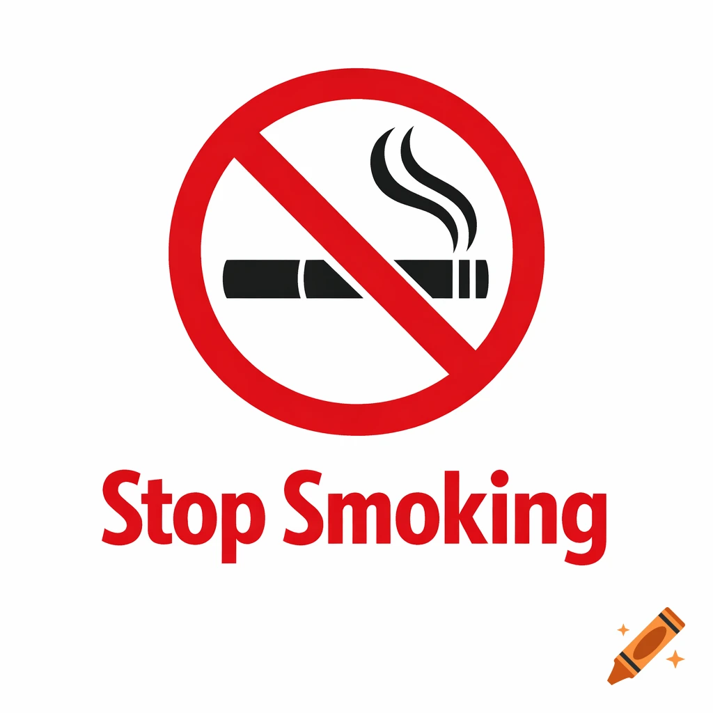 A white background with a red 'no smoking' sign featuring a black cigarette with smoke, and the red text 'Stop Smoking' below.