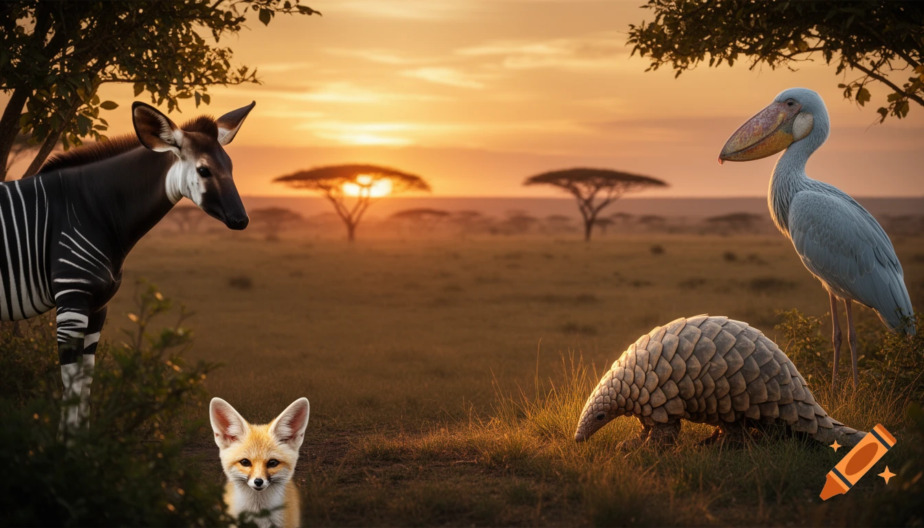 An okapi, shoebill, pangolin, and fennec fox gather on an African savannah at sunset, photorealistic wildlife.
