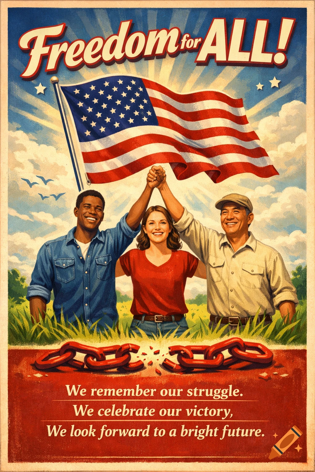Vintage poster of three diverse people, American flag, broken chain, and text "Freedom for ALL!"