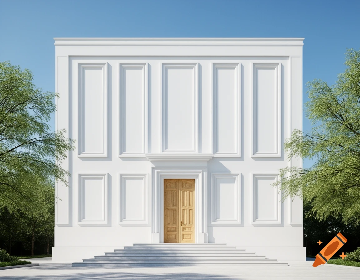 A minimalist white building with a wooden double door, a wide staircase, and green trees under a clear blue sky.