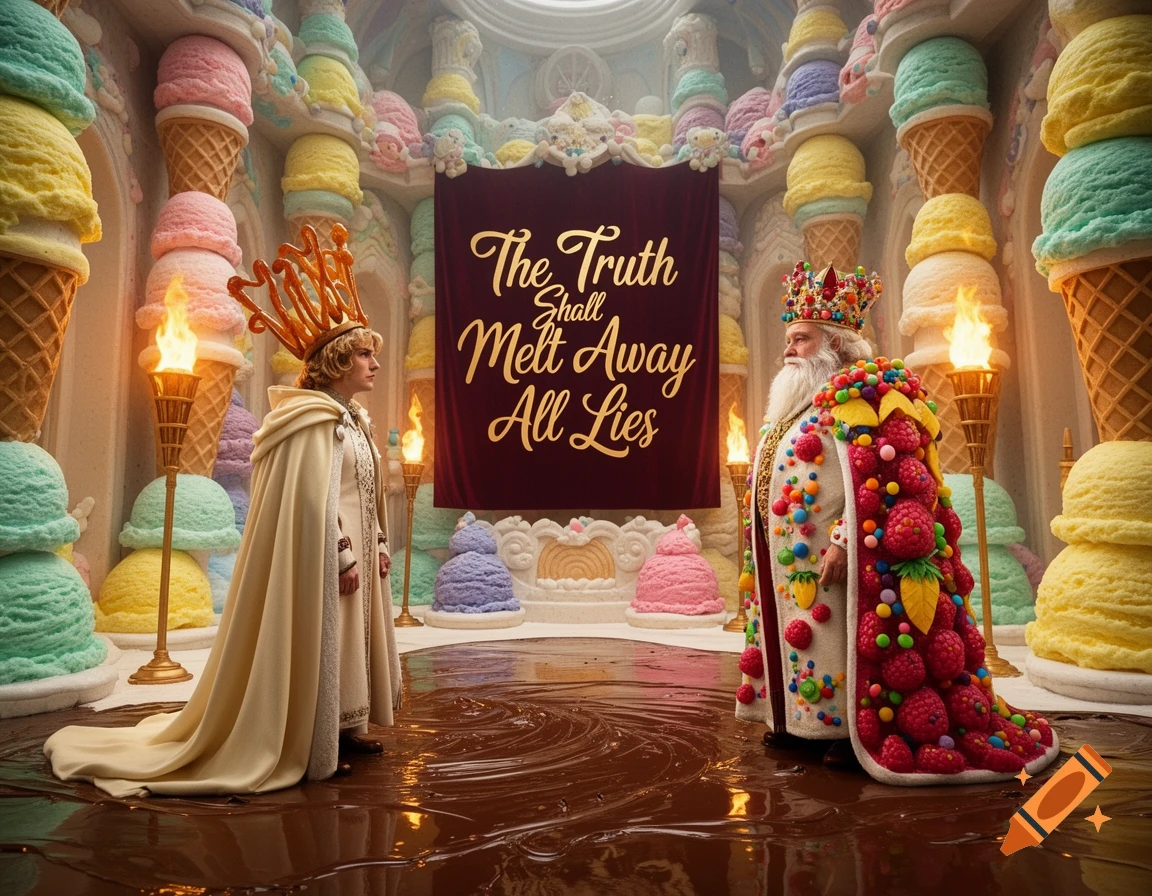 A prince and a Santa-like king confront each other in a whimsical ice cream castle with a melted chocolate floor and a banner reading "The Truth Shall Melt Away All Lies".