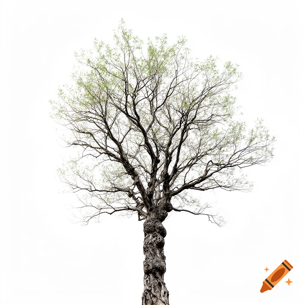 A detailed, minimalist shot of a tree with sparse green leaves and intricate bare branches against a white background.