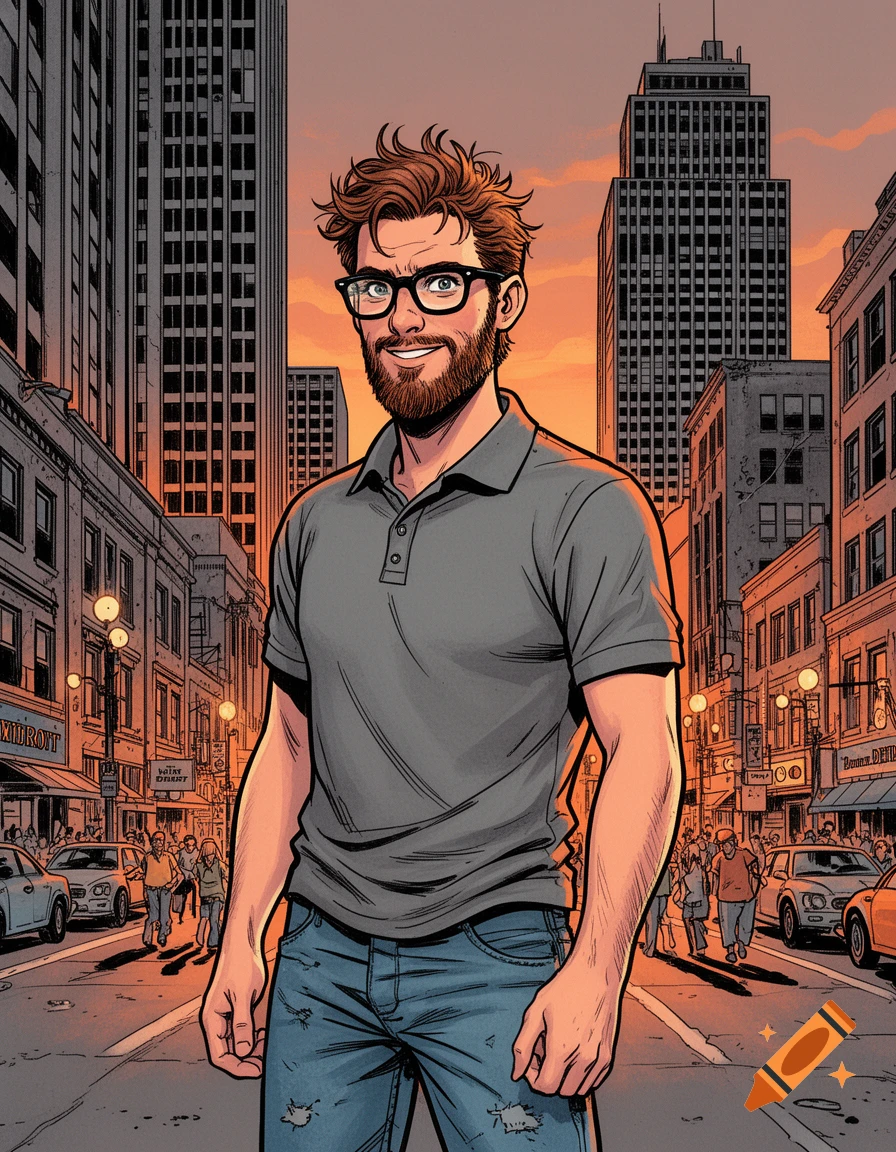 Comic book illustration of a smiling man with a beard and glasses, wearing a polo shirt and jeans, standing on a busy city street at sunset.