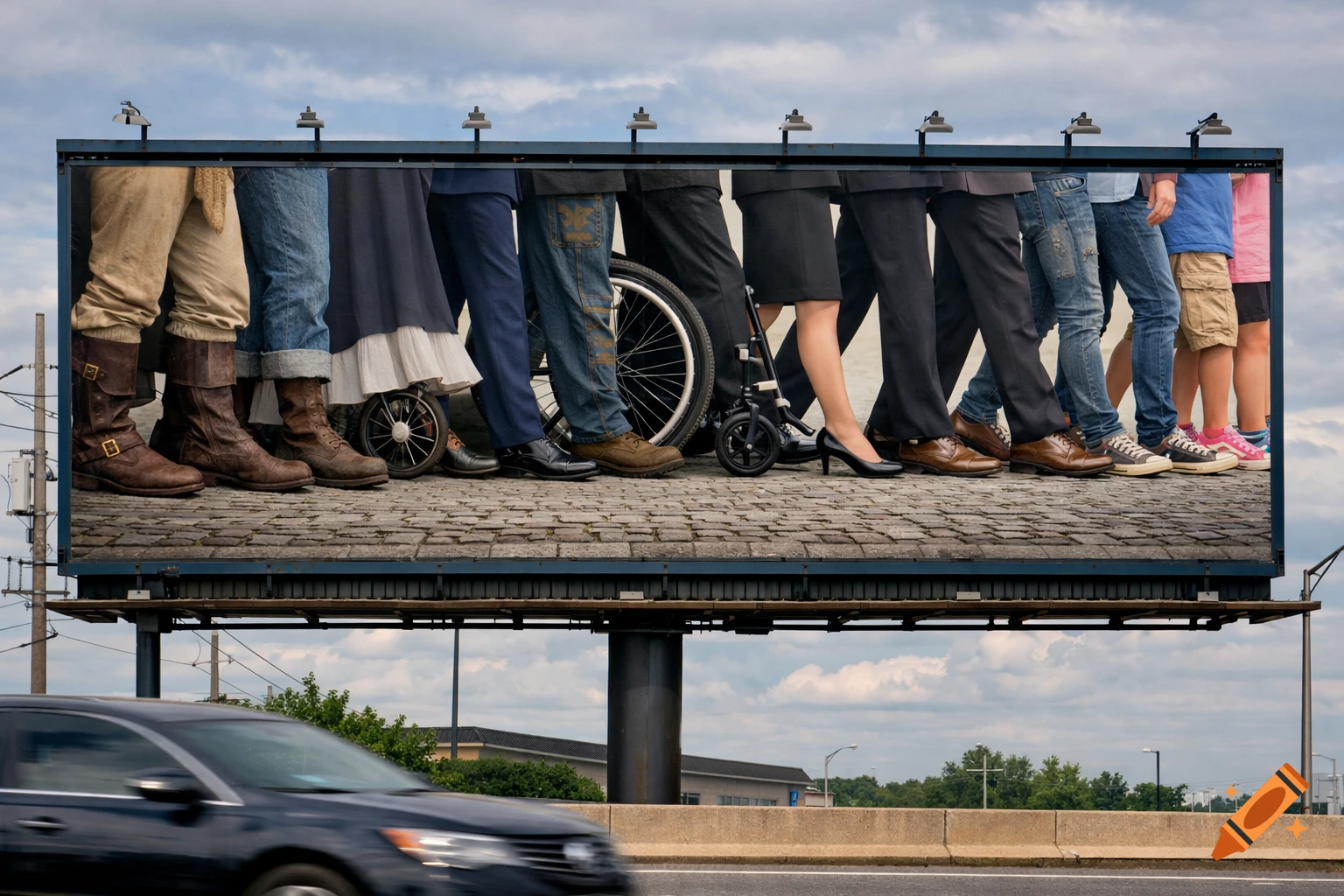 A large billboard by a highway displays the legs and feet of diverse individuals walking on a cobblestone street, including those in boots, jeans, a wheelchair, heels, and sneakers. A blurred car passes in the foreground.