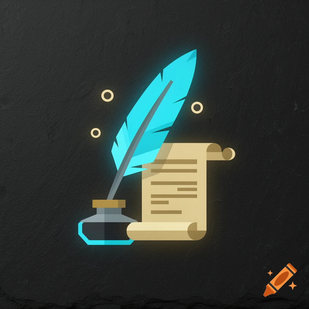 A stylized icon of a glowing blue feather quill in an inkwell next to a beige scroll with lines on a dark background.