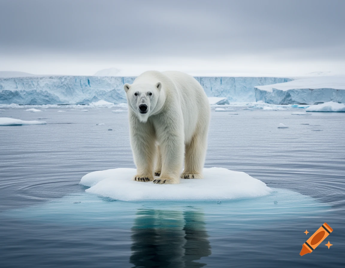 A photorealistic polar bear stands on a small ice floe in open water with icebergs in the background under a cloudy sky.