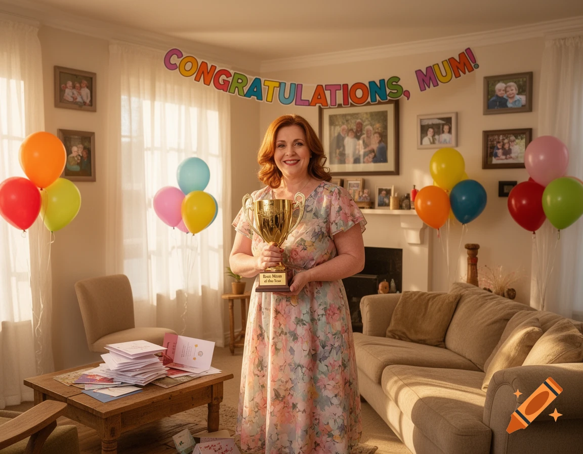 A smiling woman in a floral dress holds a 'Best Mum of the Year' trophy in a sunlit living room decorated with balloons and a 'Congratulations, Mum!' banner.