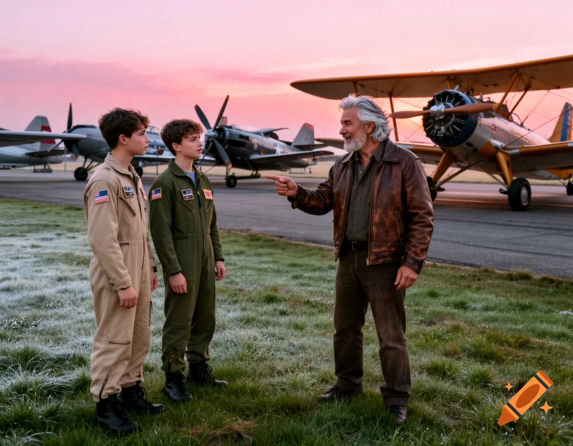 An older pilot mentors two young pilots on an airfield with vintage planes at sunrise.