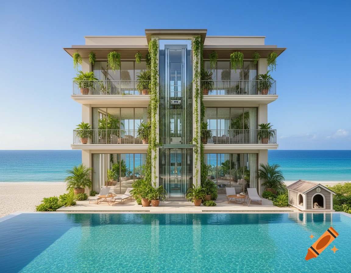 A luxurious three-story modern beach house with balconies, a glass elevator, and an infinity pool overlooking a white sand beach and turquoise ocean.