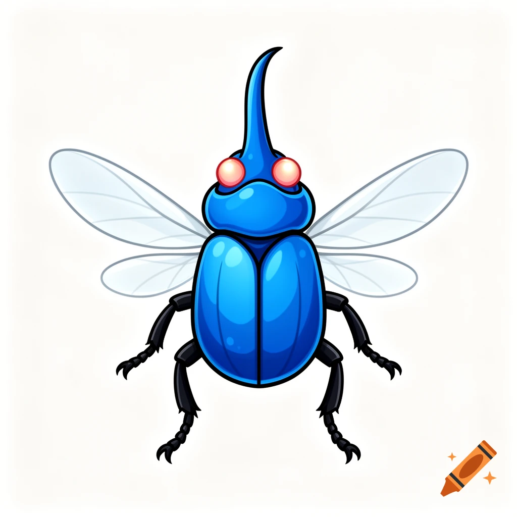 A bright blue cartoon beetle with a pointed horn, glowing pink eyes, two pairs of translucent wings, and six black legs, on a white background.