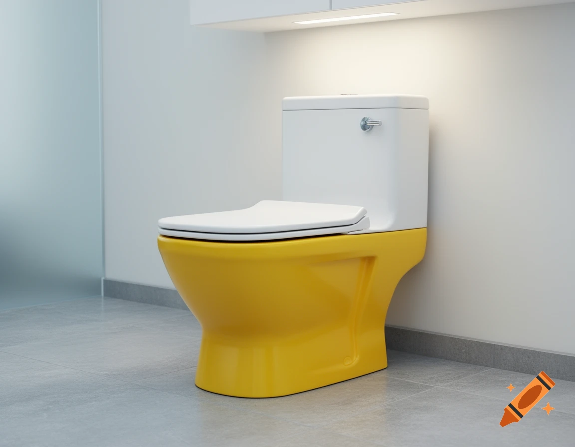A modern toilet with a yellow bowl and base, and a white tank and seat, in a minimalist white bathroom.