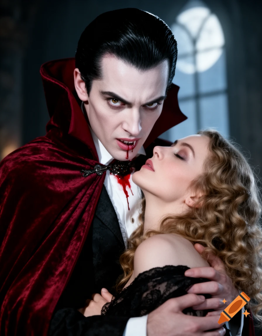 Photorealistic image of a pale vampire with fangs and blood on his chin, holding a woman with her neck exposed, in a dramatic gothic setting.