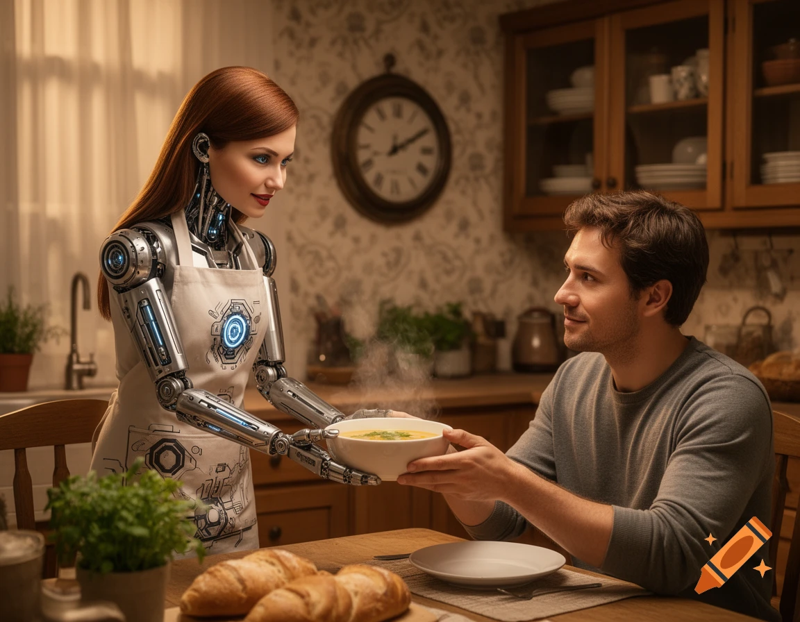 A lifelike robot woman in an apron serves a steaming bowl of food to a smiling man at a kitchen table, in a photorealistic style.
