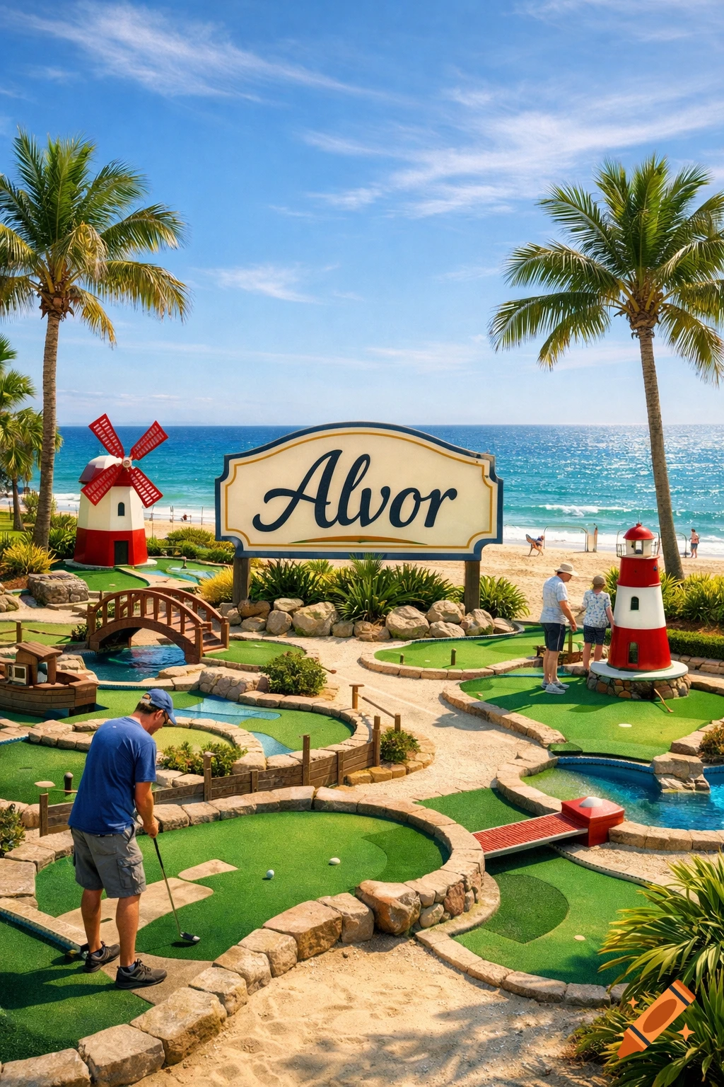 A vibrant minigolf course with a sign 'Alvor' by a sunny beach, featuring palm trees, a lighthouse, and people playing.