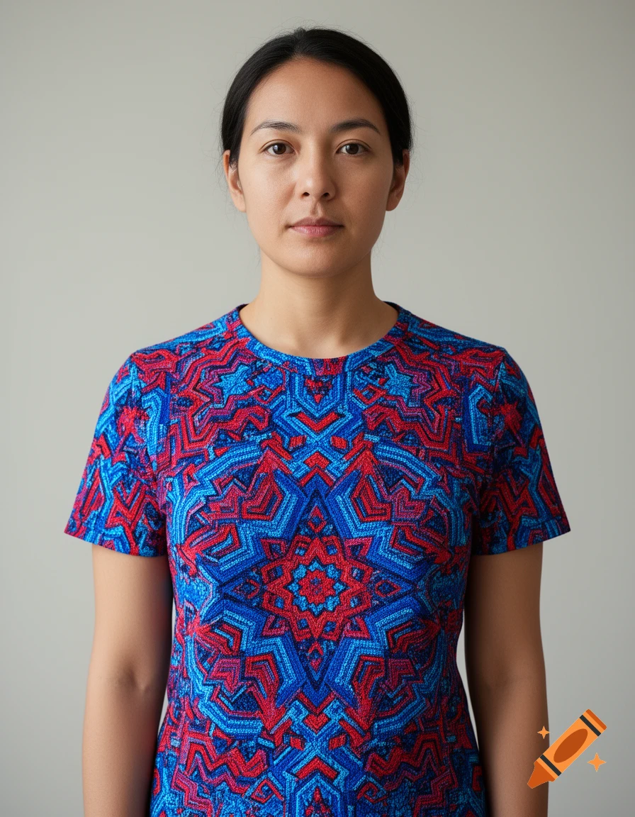 A woman with dark hair wearing a short-sleeved shirt with a vibrant red and blue geometric pattern, against a light background.
