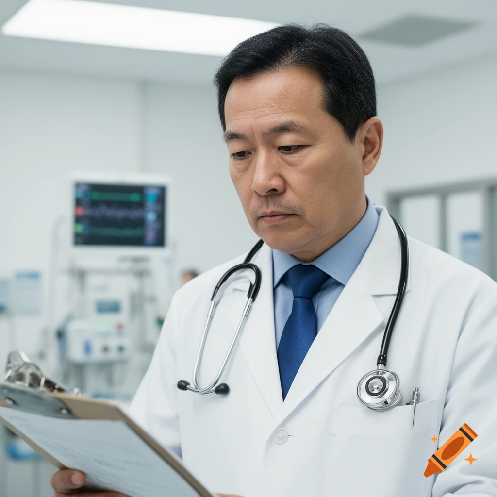 A photorealistic image of an Asian male doctor in a white coat and blue tie, wearing a stethoscope, looking down at a clipboard in a hospital setting.
