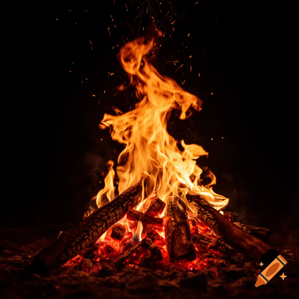 Bright, crackling campfire with orange flames and embers burning against a dark background.