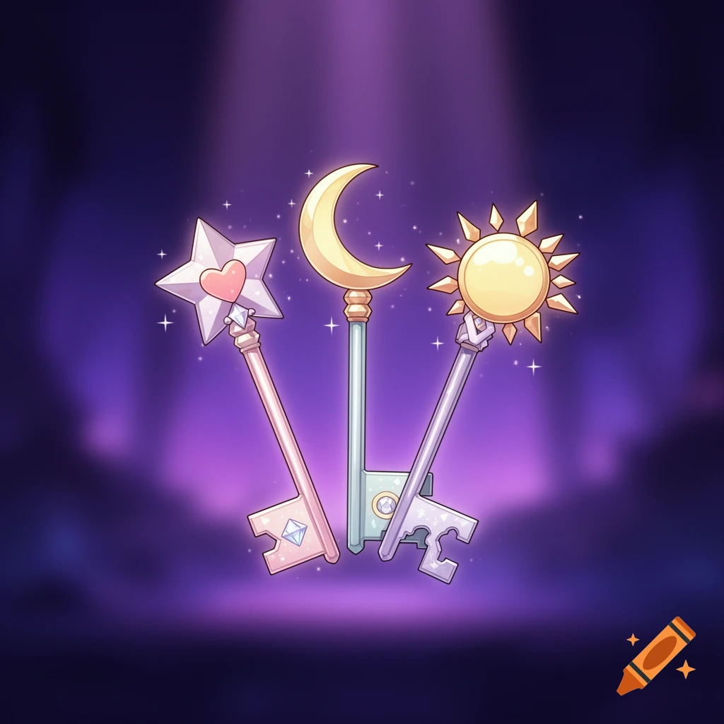 Three stylized keys, shaped like a star, crescent moon, and sun, glowing on a purple background in anime style.