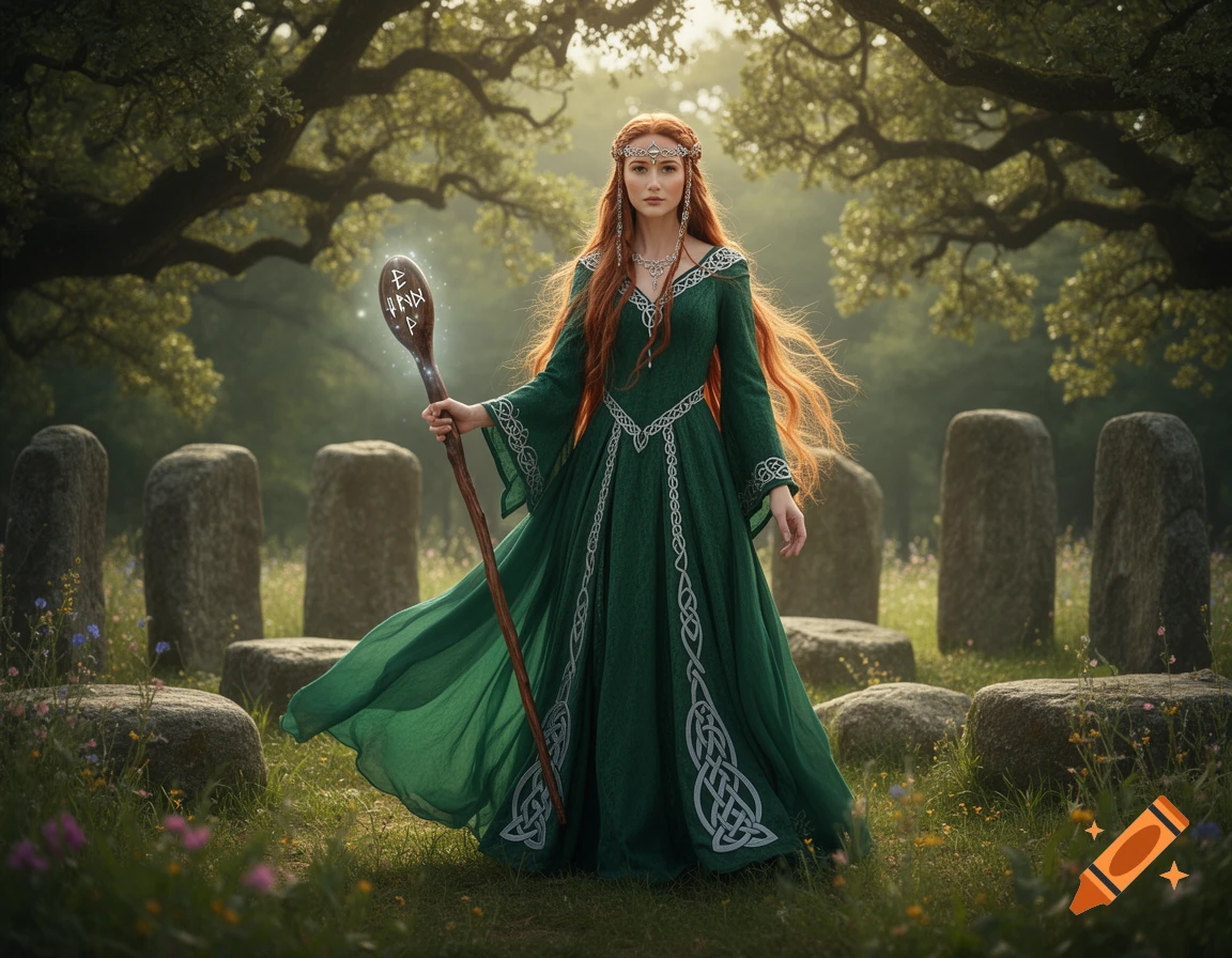 A red-haired Celtic enchantress in a flowing green dress holds a glowing runic staff amidst ancient standing stones in a misty forest.