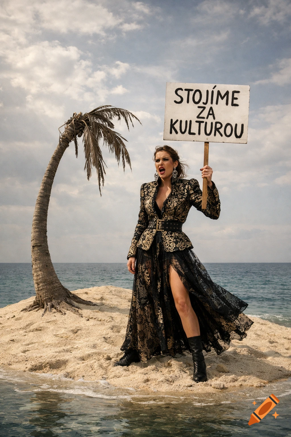 A woman in a black and gold dress shouts, holding a protest sign, on a sandy island with a palm tree.