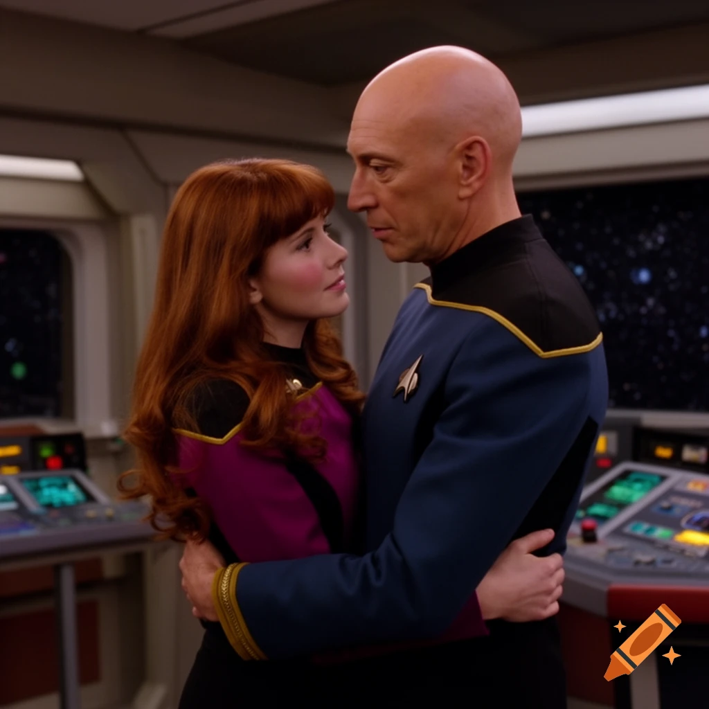 A red-haired woman and a bald man in Starfleet-like uniforms embrace on a spaceship bridge, gazing at each other.