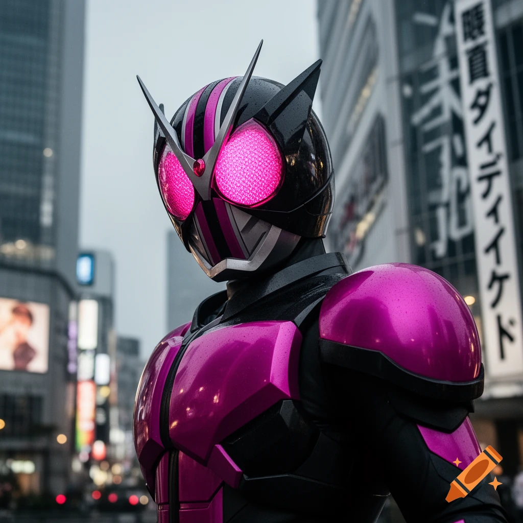 Kamen Rider Decade in a reflective magenta and black suit stands in a rainy city street with neon signs.