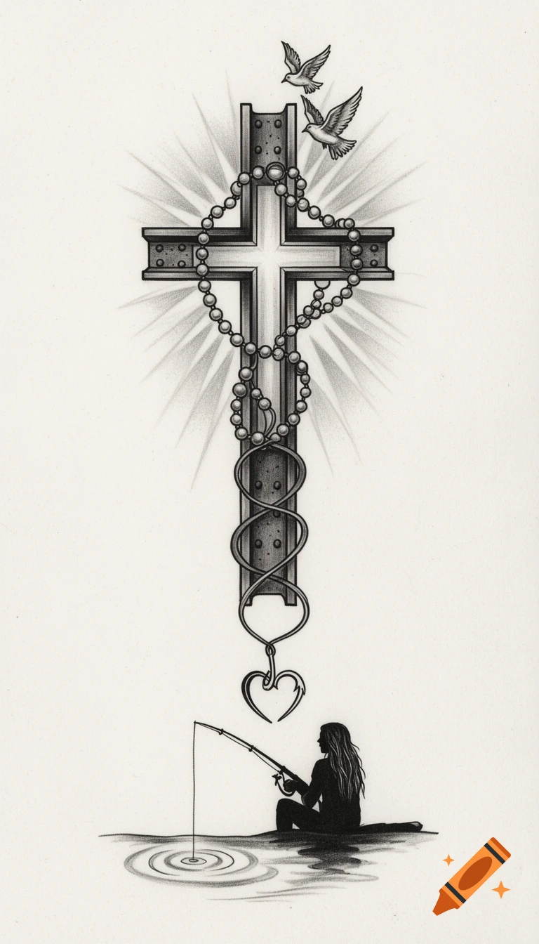 Black and grey tattoo sketch of a cross and rosary above a silhouetted person fishing with a heart-shaped hook.