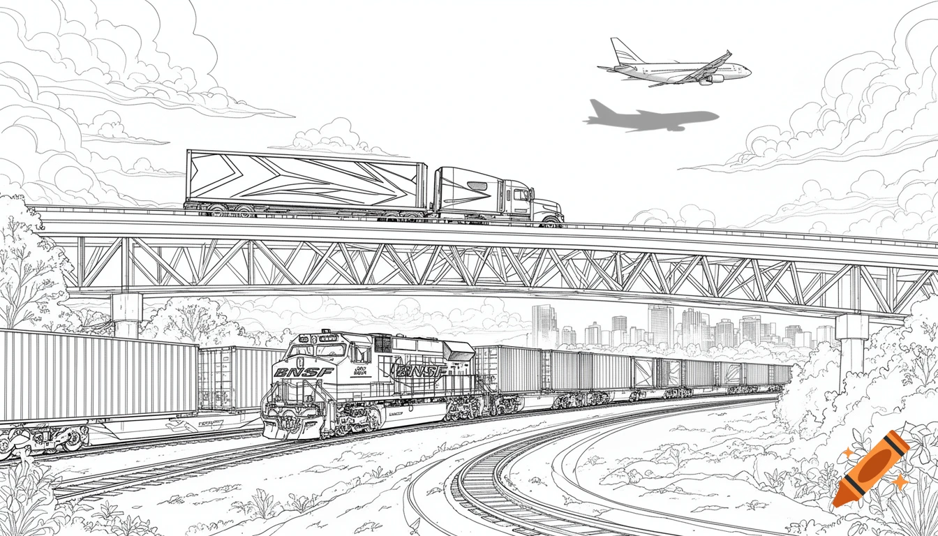 Line art coloring page of a BNSF freight train under a freeway bridge with a semi-truck, and an airplane flying above.
