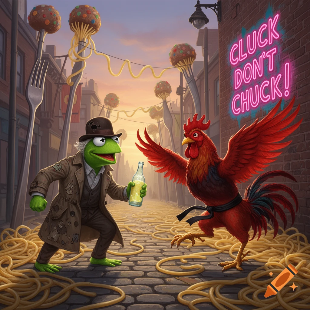 Kermit the Frog detective with a bottle confronts a red rooster on a spaghetti street. Neon sign reads 'CLUCK DON'T CHUCK!'