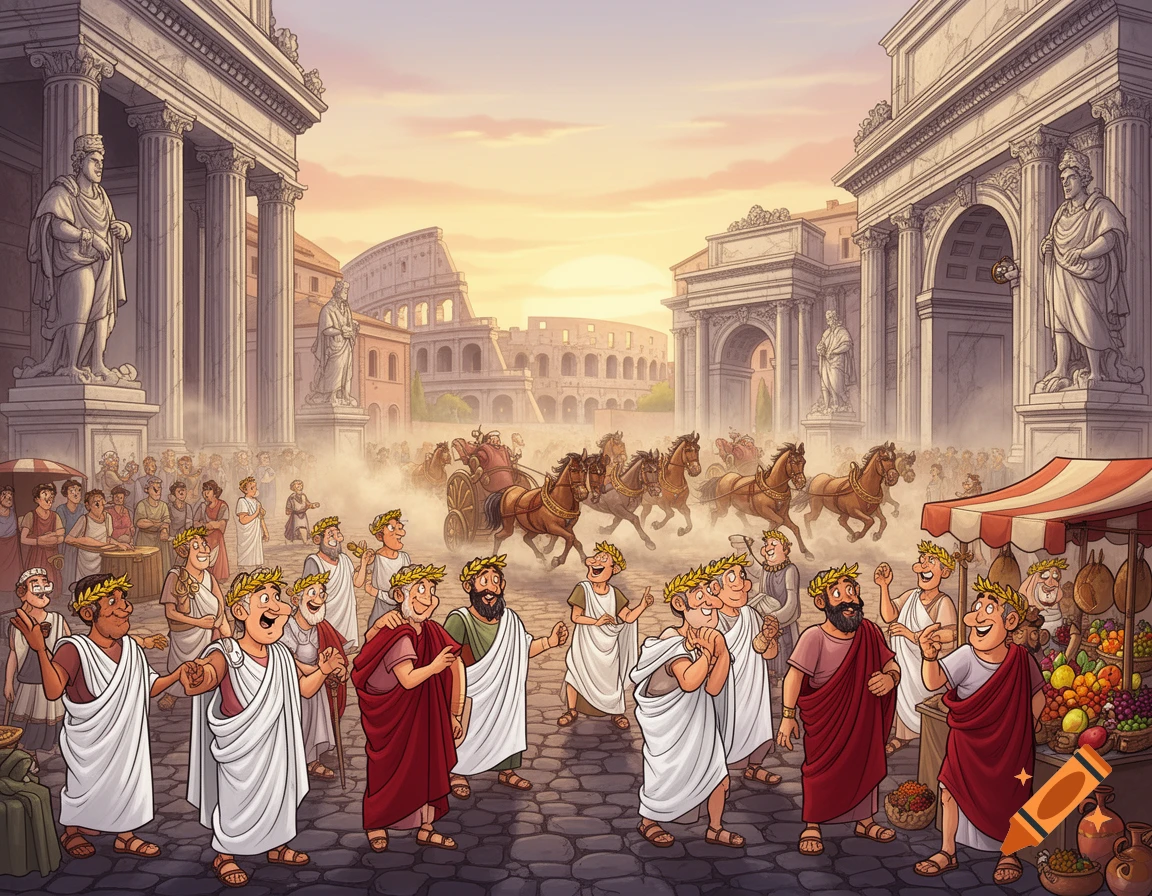 Cartoon of an ancient Roman street with citizens cheering a chariot race, classical architecture, and the Colosseum in the background.