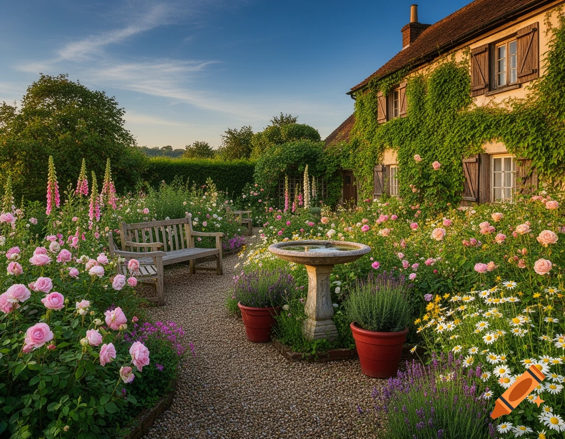 Photorealistic view of a charming cottage house covered in ivy, surrounded by a vibrant, blooming garden with pink roses and a bird bath.
