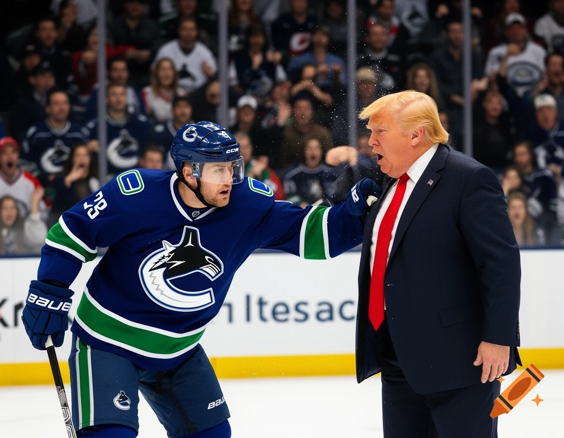 A photorealistic image of a hockey player in a blue Canucks jersey appearing to punch Donald Trump in the face on an ice rink, with water spraying.